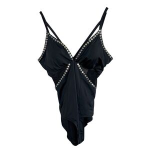 Moxi Blu Women's 2XL Black Studded One-Piece Swimsuit V-Neck Mesh Sides Beach